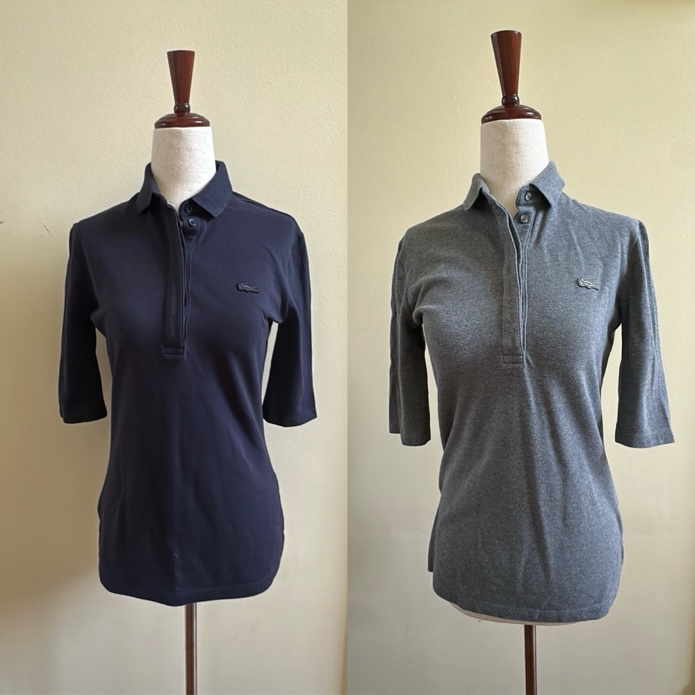 Lot of 2 Lacoste Womens Classic Half Sleeve Slim Fit Stretc Size 4 Navy/ Gray